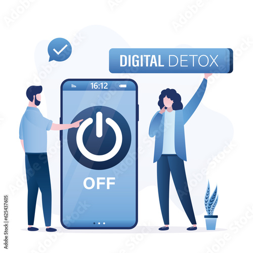 Tired user turn off smartphone. Off button on cell phone screen. WOman holds placard - digital detox. Married couple or family refuse smart gadgets. No using smartphone,