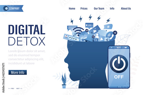 Human head with various social media signs. Addiction from social network and internet. Overload mind, turn off smartphone, digital detox, landing page template. Mental unhealthy brain.