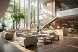Modern and chic lobby interior with a white and wood color scheme Generative AI