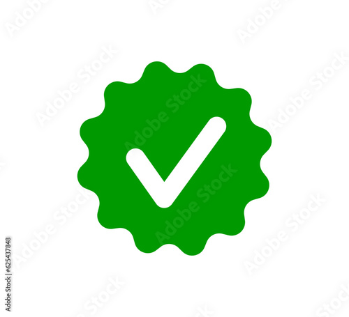 Check tick mark on wavy edge green circle sticker. Star burst shape tag with approved icon. Premium official account. Verify icon stamp. Vector illustration isolated on white background.