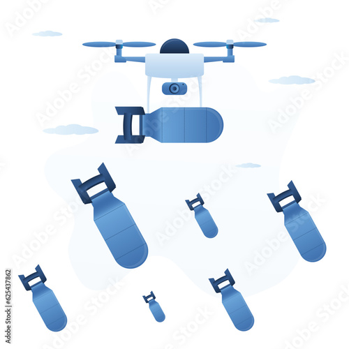 Radio-controlled quadrocopters delivery and bombardment of enemy positions. New technology on war. Drone with bomb or weapon. Air transport with remote control