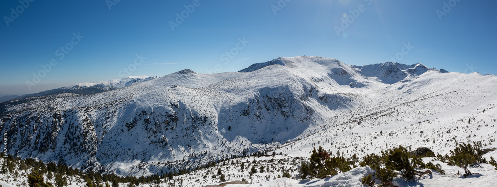 Mountain Range, including Musala, Bulgaria's highest peak, viewed from the top ski resort at Borovets, Bulgaria. 