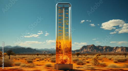 Klimawandel und Trockenheit: Heiße Landschaft mit Thermometer