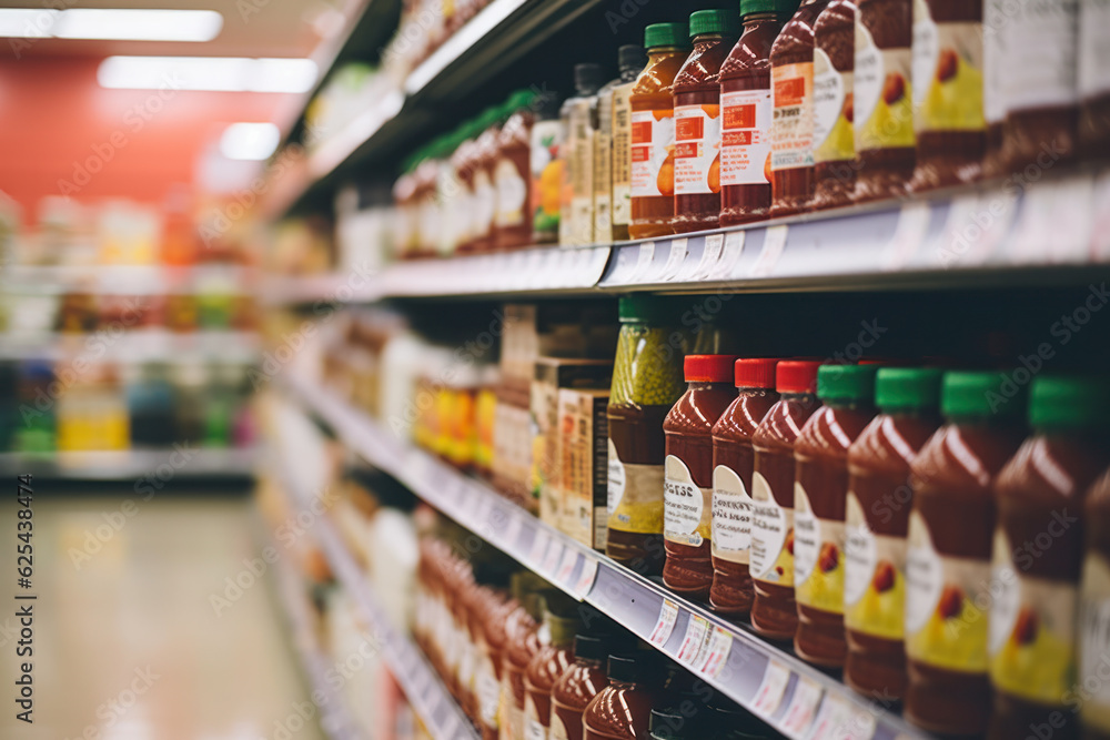 Fototapeta premium A grocery store aisle with labels indicating healthy alternatives. 