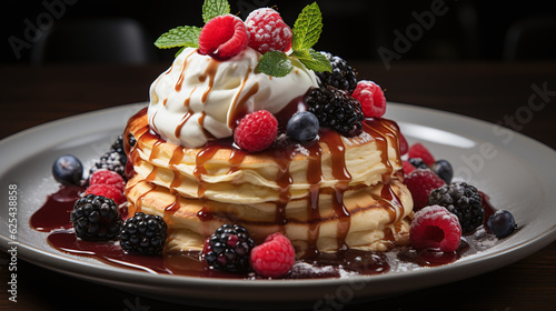A stack of delectable pancakes topped with fresh berries and a dollop of whipped cream. Food Wallpaper. Generative Ai.