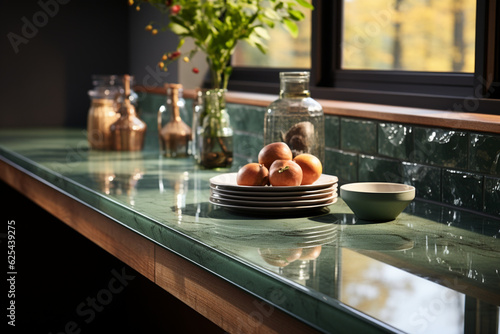 Stylish kitchen boasting a sage green counter cabinet, induction, and natural light Generative AI photo