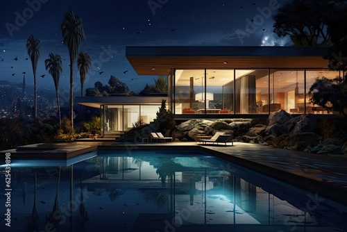 Contemporary residence including a swimming pool  depicted during the nighttime setting.