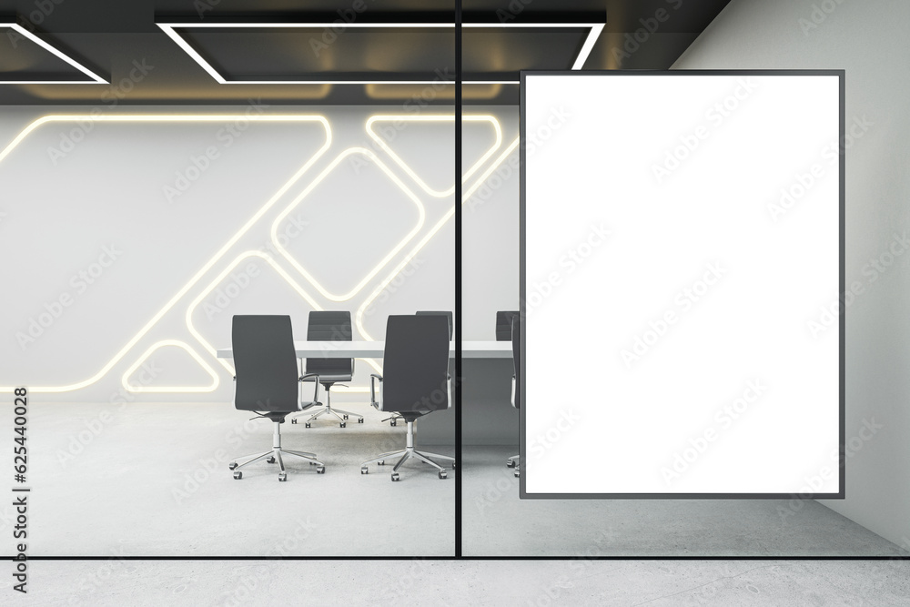 Naklejka premium Blank white poster on modern futuristic meeting room background, mockup. 3D Rendering