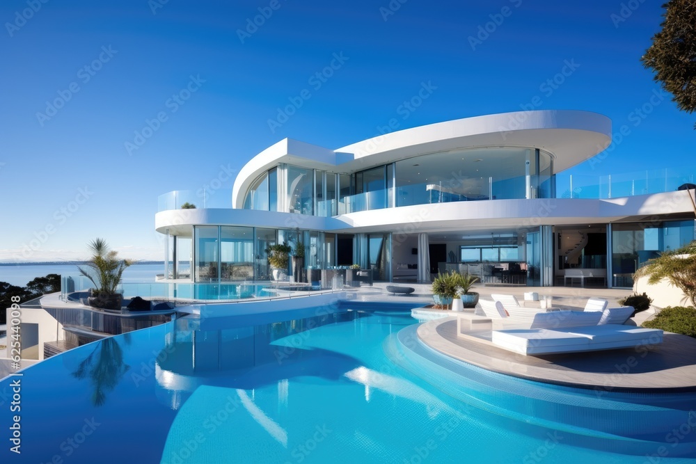 Luxurious home with a picturesque view of the clear blue sky.