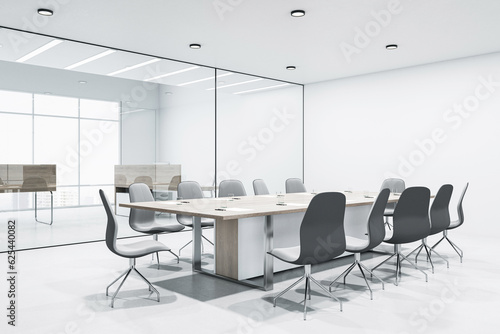 Modern empty design meeting room surrounded by glasses walls  concrete floor and white ceiling. 3D Rendering