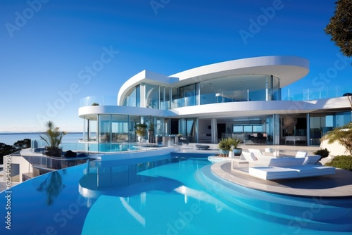 Luxurious home with a picturesque view of the clear blue sky.