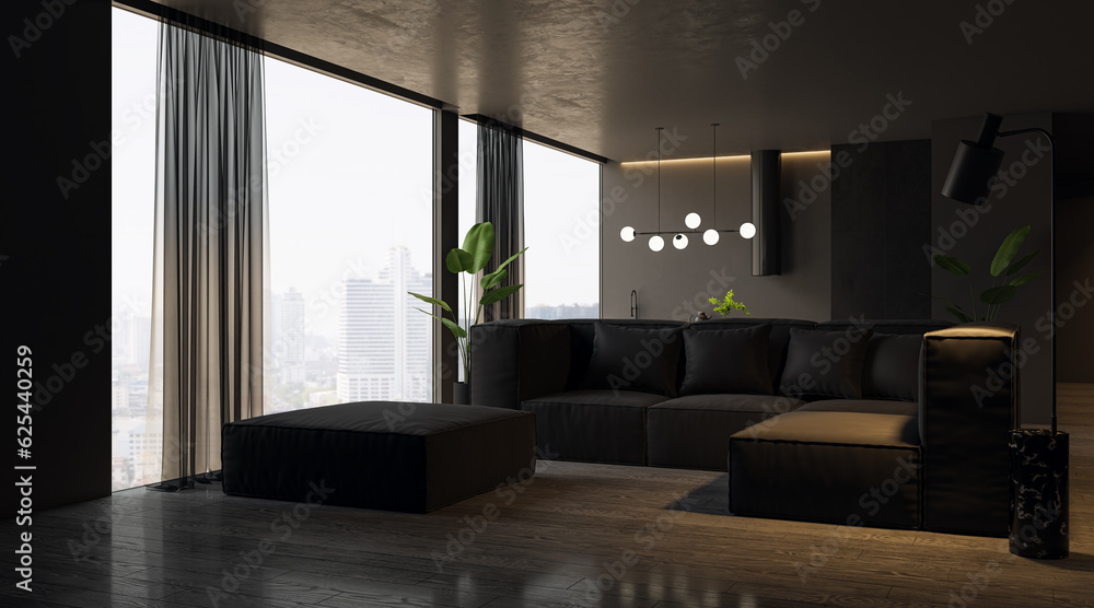 Contemporary dark living room with window and city view, furniture. Interior design concept. 3D Rendering. Contemporary dark living room with window and city view, furniture. Interior design concept. 3D Rendering.