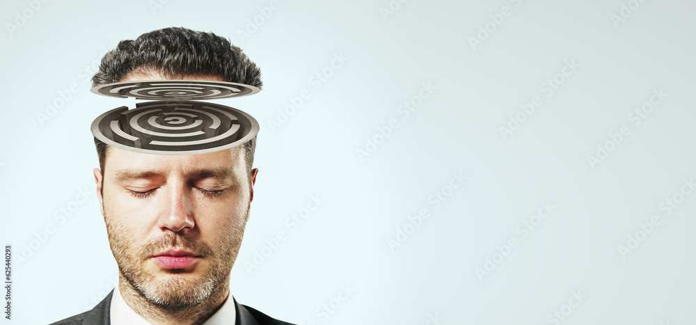 Maze of reason and psychology concept with man head with labyrinth on light grey background - obrazy, fototapety, plakaty 