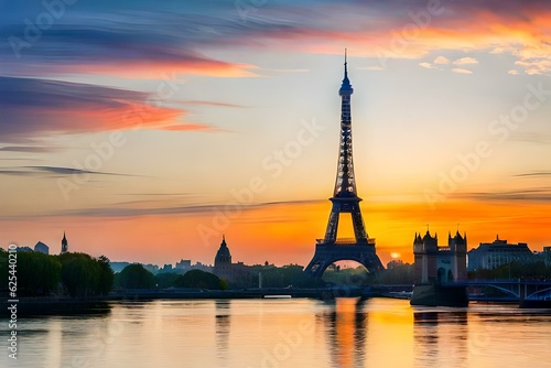 eiffel tower at sunset generated by AI technoogy © MISHAL