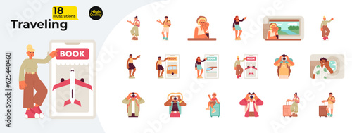 Travelers go on vacation flat concept vector spot illustrations bundle. Planning trip. Traveling 2D cartoon characters on white for web UI design. Isolated editable creative hero image collection