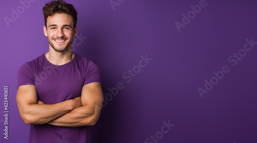 Fitness male in purple on solid color background