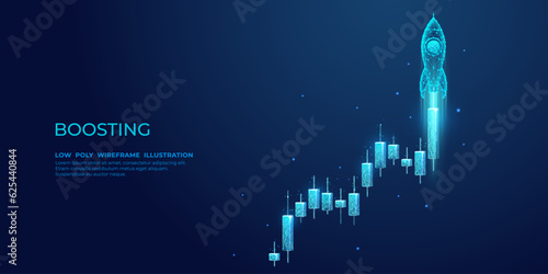 Digital rocket launch from the stock market candlestick in outer space. Boosting of investment profit concept. Low poly wireframe vector illustration with 3D effect on technology blue background.