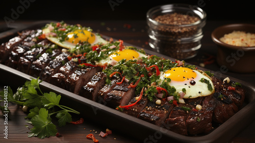 A mouthwatering image of a perfectly grilled steak and egg dish. Food Wallpaper. Generative Ai.
