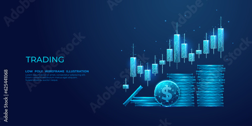 Digital stock exchange trading. Investment candle sticks and dollar coins in blue modern abstract polygonal style with 3D effect on the technological background. Low poly wireframe vector illustration