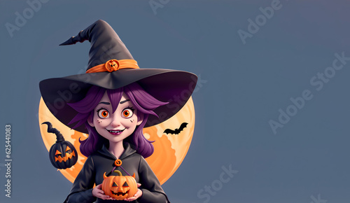 halloween witch with pumpkin in her hands and a luan behind photo