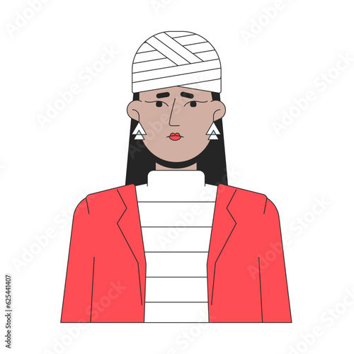 Head trauma in young woman flat line color vector character. Editable outline half body unhappy lady with headache on white. Healthcare simple cartoon spot illustration for web graphic design