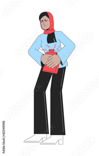 Muslim woman holds heating pad flat line color vector character. Editable outline full body woman has menstruation cramps on white. Healthcare simple cartoon spot illustration for web graphic design
