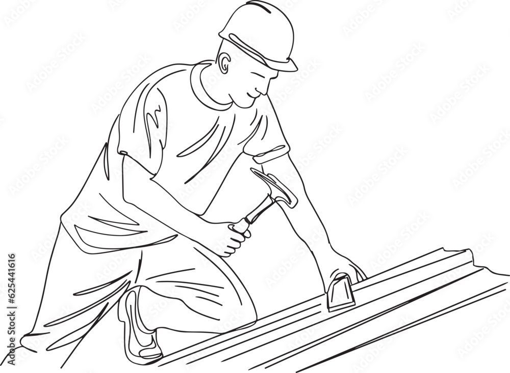 Construction Service Concept: Continuous Line Draw Handyman, Building Construction Service: Continuous Line Draw Design