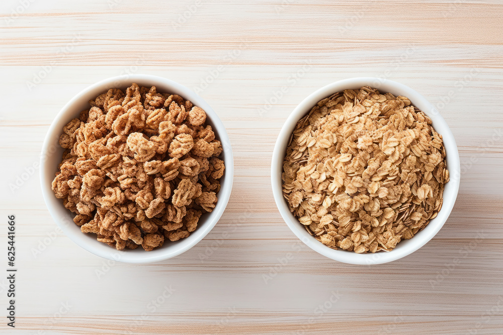 A side-by-side image of a sugary cereal and a bowl of granola. A side-by-side image of a sugary cereal and a bowl of granola.
