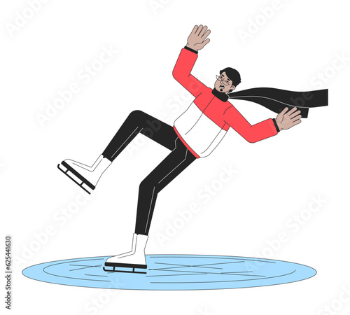 Perplexed man in scarf on ice rink flat line color vector character. Editable outline full body man skates and falls on white. Simple cartoon spot illustration for web graphic design