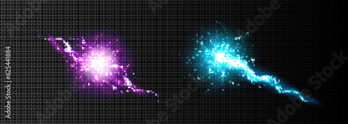 Electric lightning energy ball discharge vector. Thunder circle explosion with plasma shock transparent realistic neon 3d element. Magic power spell with thunderball hit. Burst in blue and purple