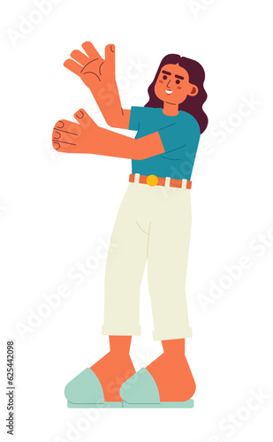 Excited latina woman stretching out hands semi flat color vector character. Brunette girl raised arms. Editable full body person on white. Simple cartoon spot illustration for web graphic design