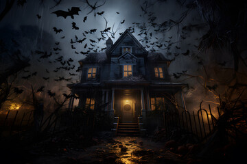 A haunted house with bats and spiders. Halloween background