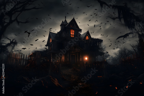 A haunted house with bats and spiders. Halloween background