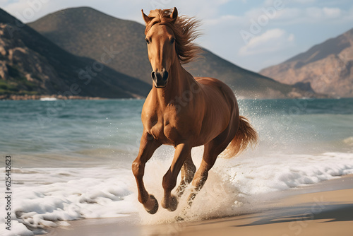 A horse running on a beach on front of ocean