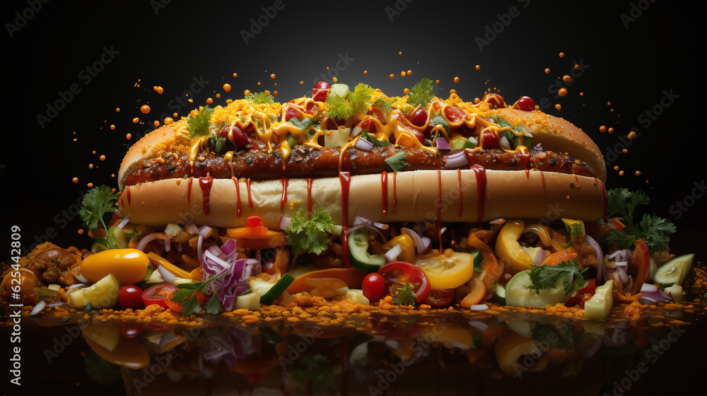 A mouthwatering hot dog advertisement for a renowned food company. Food wallpaper. Generative Ai.