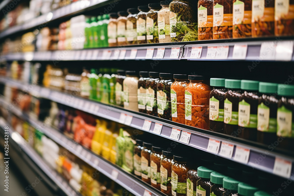 A grocery store aisle with labels indicating healthy alternatives. 