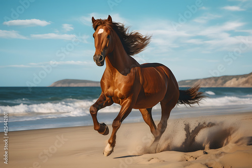 A horse running on a beach on front of ocean