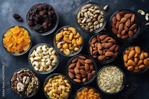 A variety of healthy snack options, like nuts, seeds, and dried fruits. 