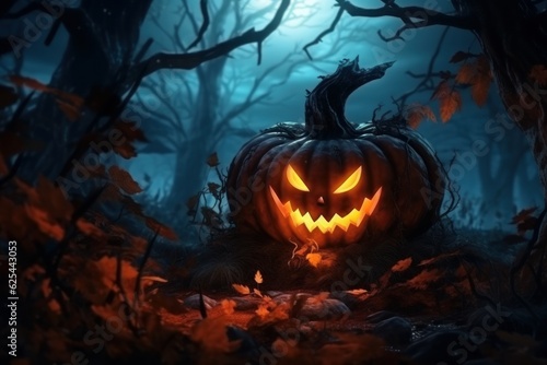 Scary Halloween pumpkin in autumn forest at night. Celebration, holiday concept. Generative AI