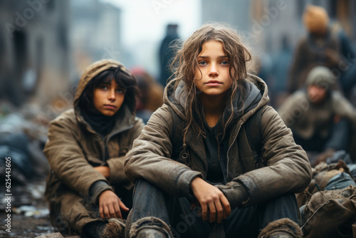 Serious young refugees standing on street. Created with AI.