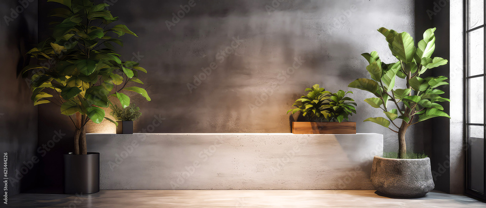 Loft contemporary interior mockup. Empty spacious apartment, room with concrete texture wall with tropical plants. Overlay shadow effect. Place for text. Minimal background. Generative ai. Loft contemporary interior mockup. Empty spacious apartment, room with concrete texture wall with tropical plants. Overlay shadow effect. Place for text. Minimal background. Generative ai.