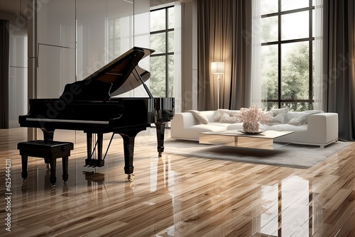 Piano in an elegant upscale home, accompanied by wooden flooring panels.