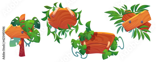 Wooden jungle game ui sign board cartoon vector. Forest wood signage frame banner with tropical design isolated. Tropic menu label for summer interface. Arrow for direction on timber stick clipart