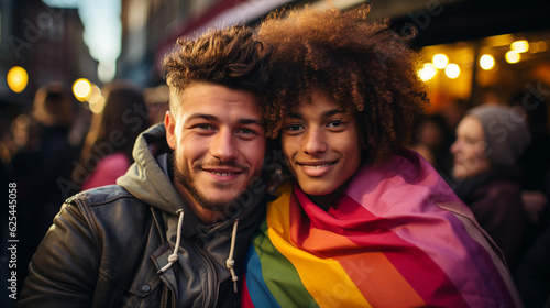 Couple on lgtbq gay pride rainbow flag. Generative Ai