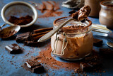 Delicious homemade Chocolate panna cotta or chocolate mousse in a glass jar decorated with cocoa powder and grated dark chocolate