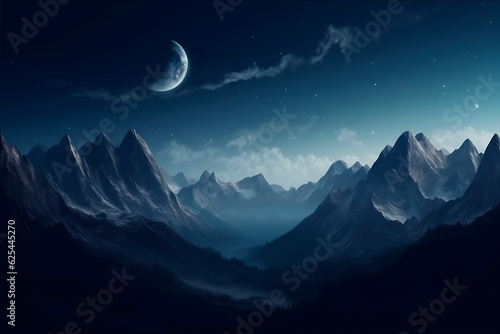 Tall mountains on a clean full moon night, Generative AI