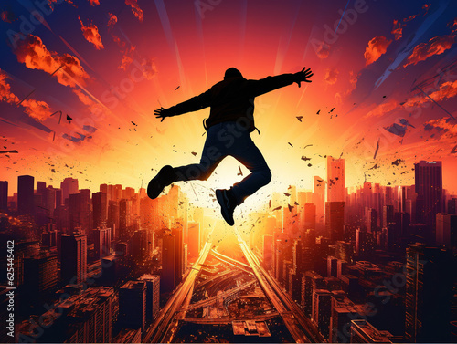 Silhouette of a person jumping against a colorful city skyline at sunset: The dynamic silhouette of a person mid-jump, juxtaposed against the silhouette of a cityscape during the golden hour, evoking 