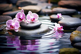 Ai generative.  Spa stones with pink orchid flowers on water .