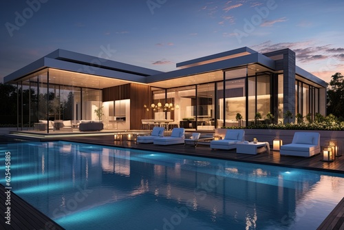 A modern luxury dwelling features a patio where an illuminated swimming pool takes center stage, casting a captivating glow during the evening hours.