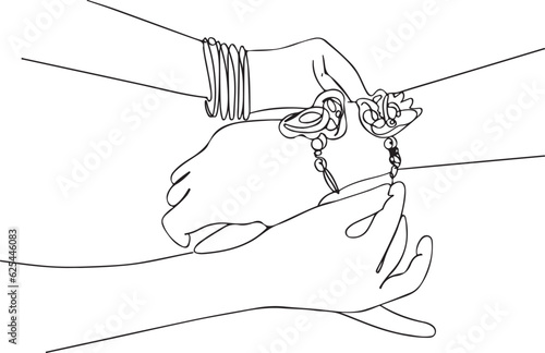 Raksha Bandhan celebration continuous one line drawing. "Indian Rakhi Festival: Sibling Love in Continuous Outline Vector"